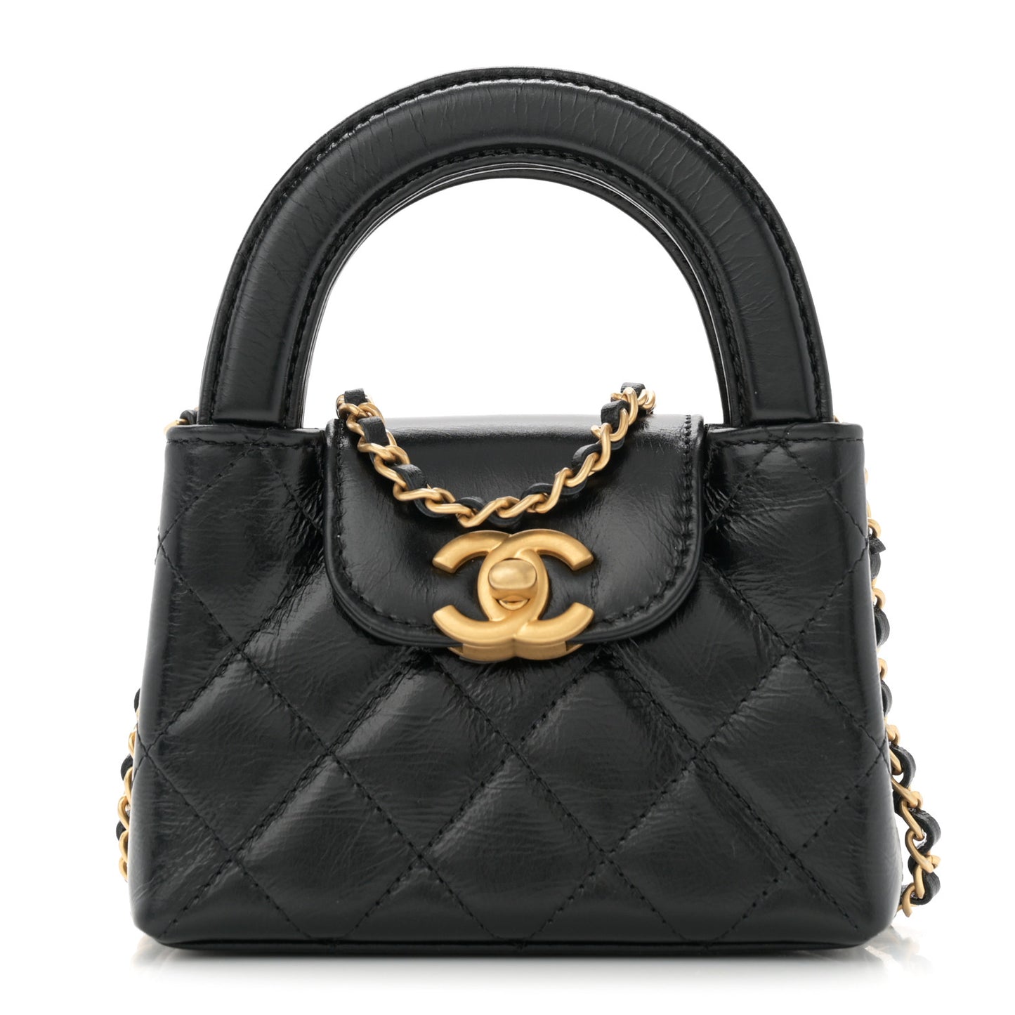 Shiny Aged Calfskin Quilted Mini Nano Kelly Shopper Black