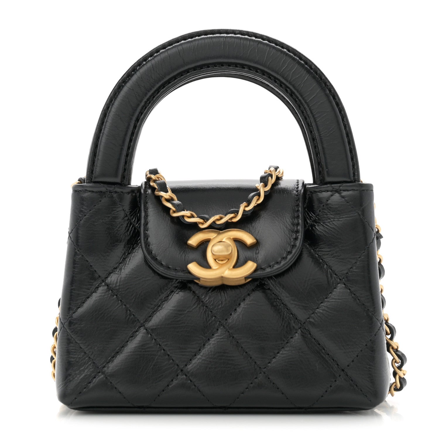 Chanel Shiny Aged Calfskin Quilted Mini Nano Kelly Shopper Black 1 of 11