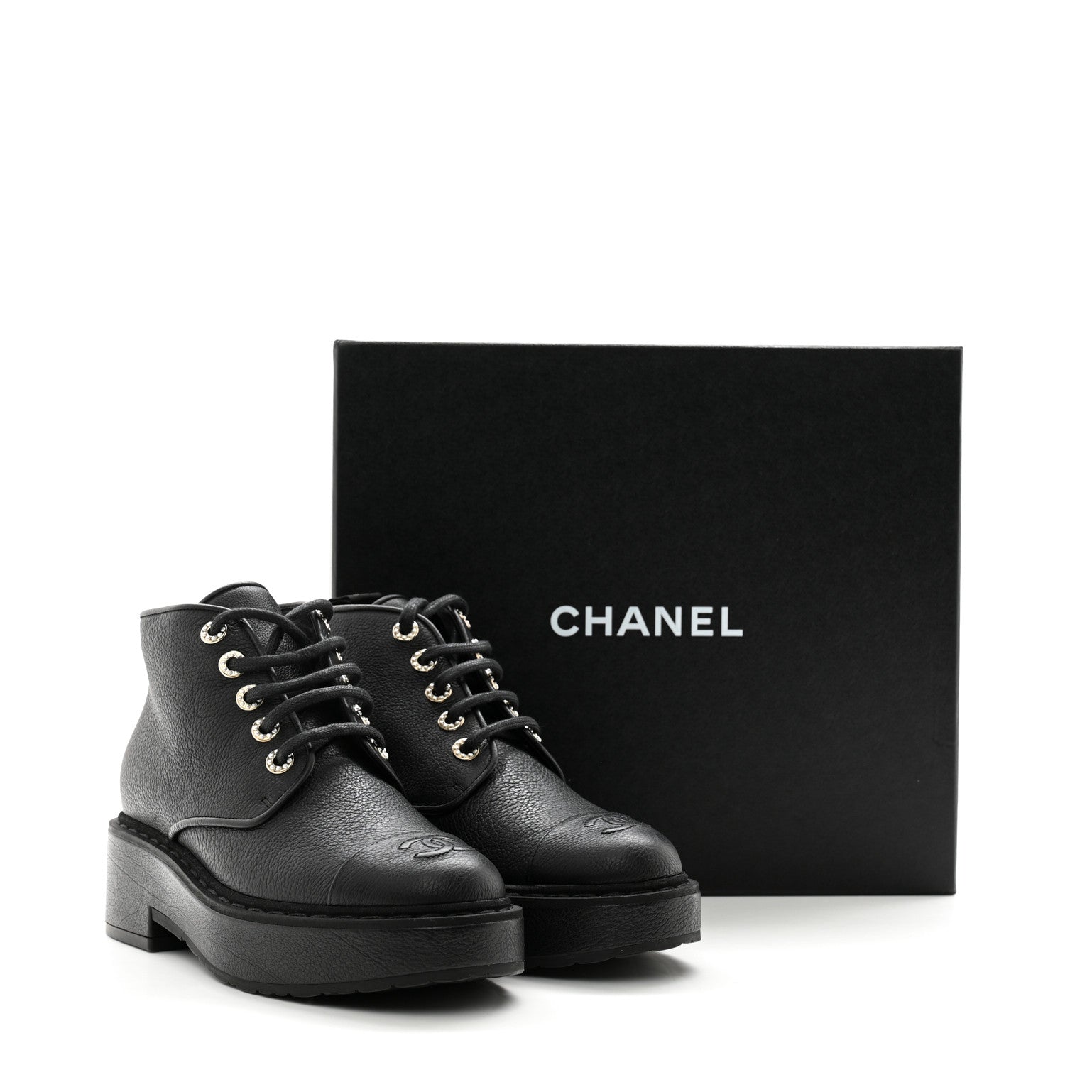 Chanel Buffalo Pearl Lace Up CC Combat Short Boots 38 Black 10 of 10