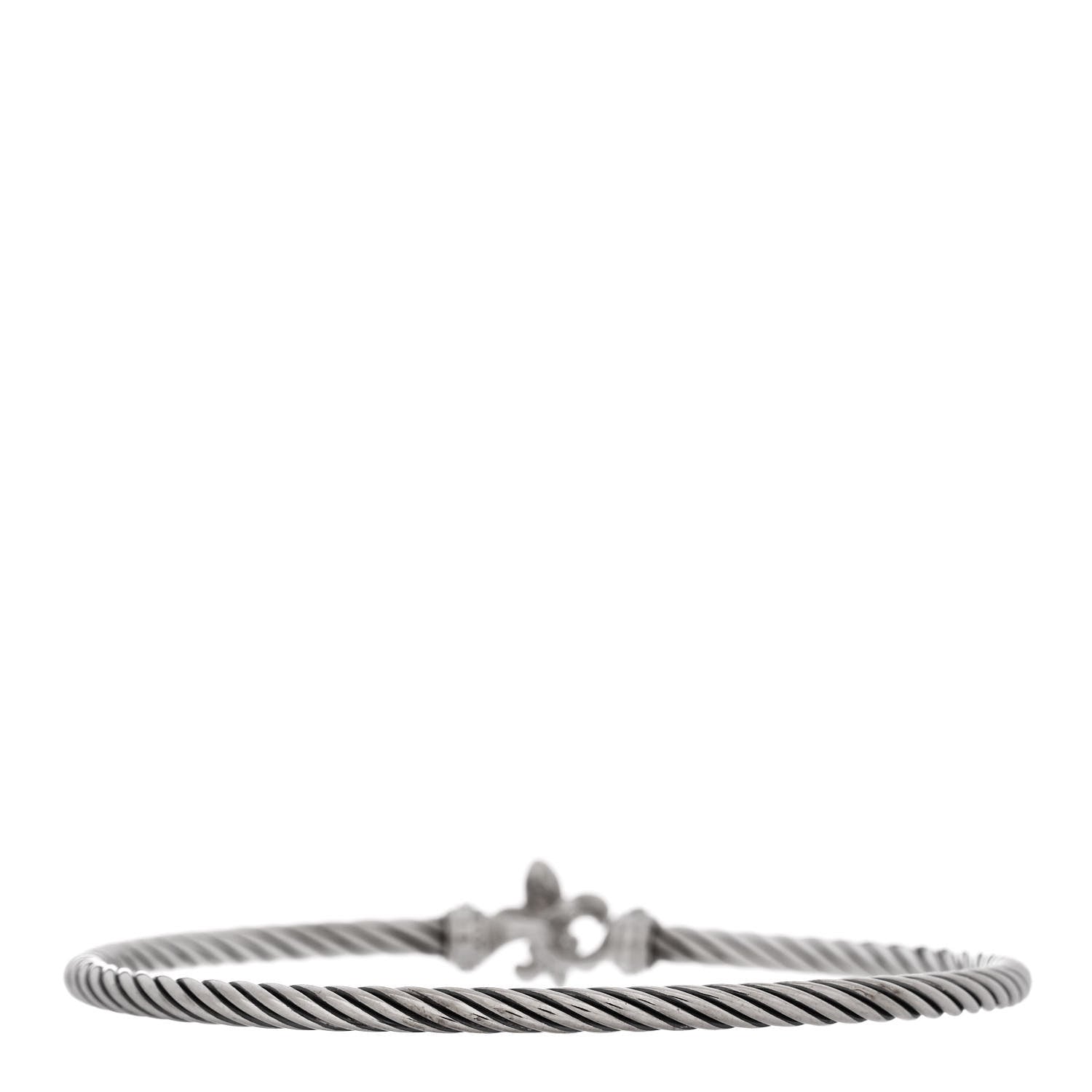 David Yurman Sterling Silver Diamond 3mm Cable Collectibles Fleur De Lis Bracelet 2 of 3