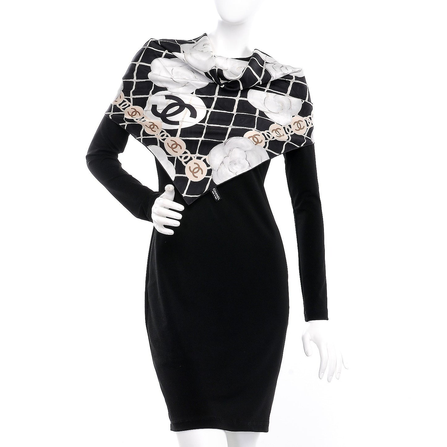 Silk CC Logo Camellia Scarf White Black