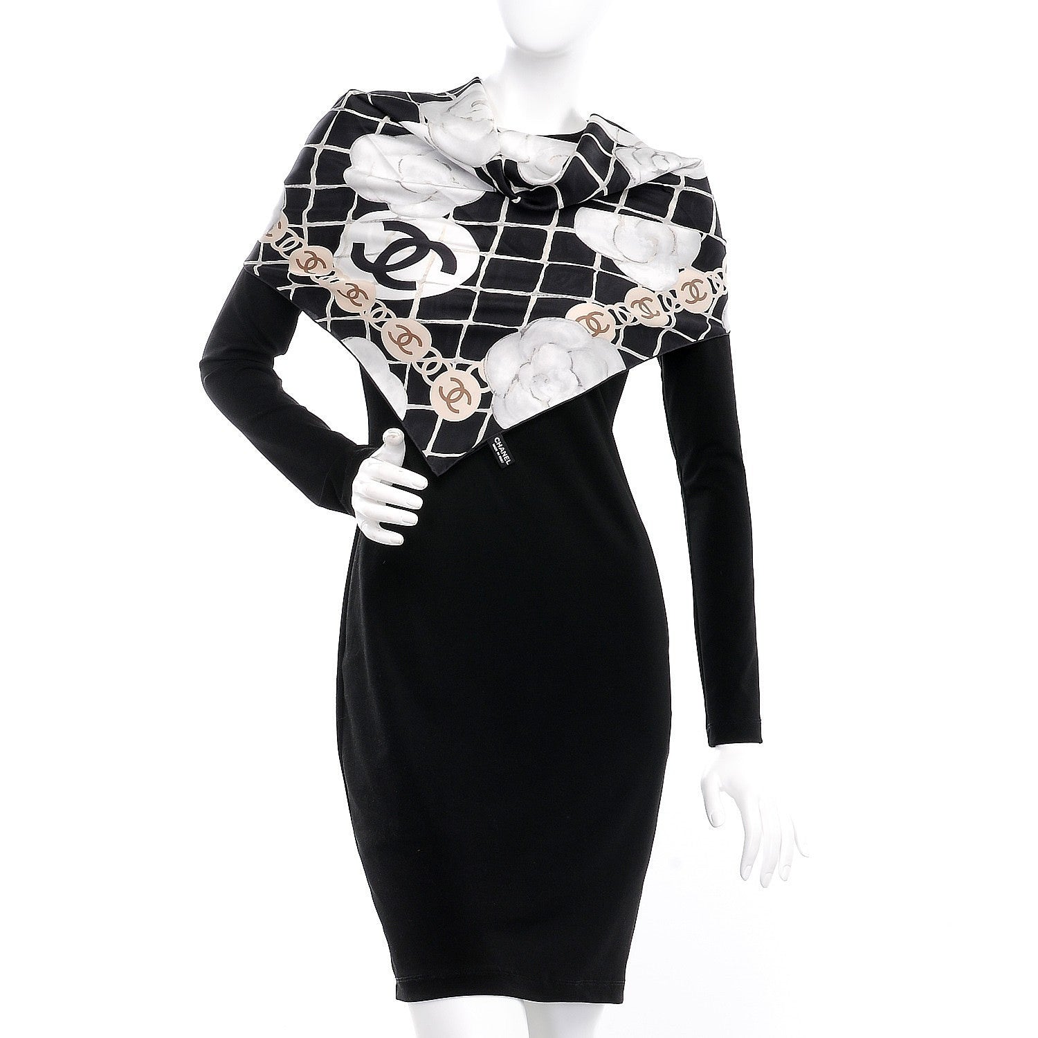 Chanel Silk CC Logo Camellia Scarf White Black 2 of 5