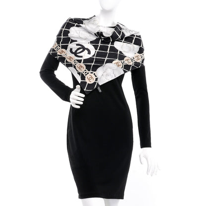 Chanel Silk CC Logo Camellia Scarf White Black 2 of 5