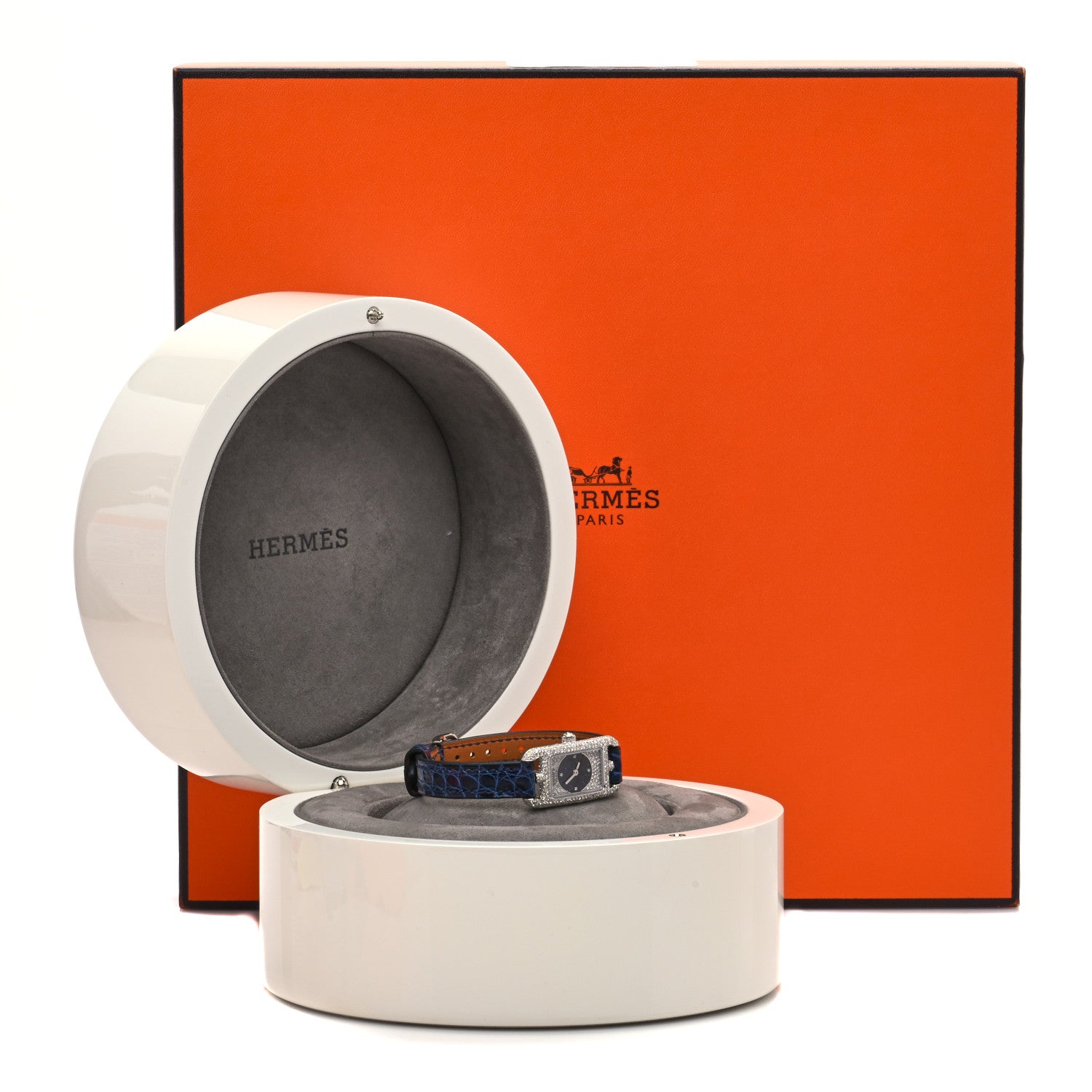 Hermes 18K White Gold Alligator Diamond Aventurine 17mm Nantucket Quartz Watch Bleu Saphir 5 of 5