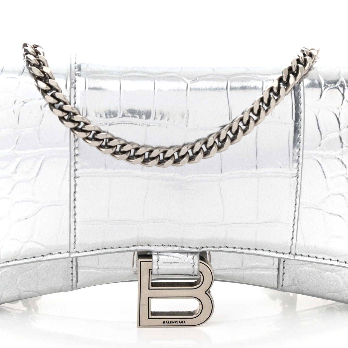 Metallic Calfskin Crocodile Embossed Hourglass Chain Bag Silver