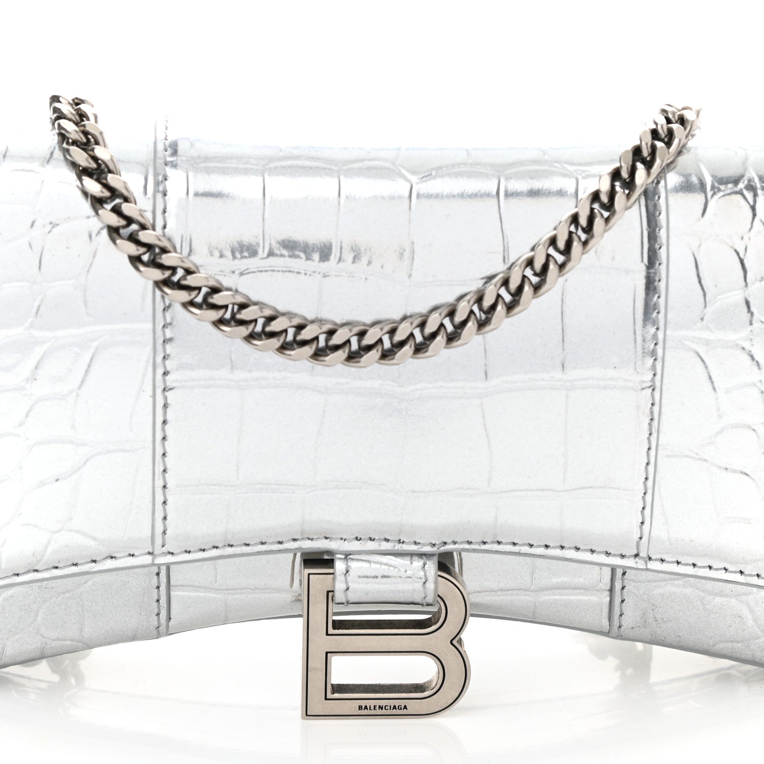 Balenciaga Metallic Calfskin Crocodile Embossed Hourglass Chain Bag Silver 7 of 9