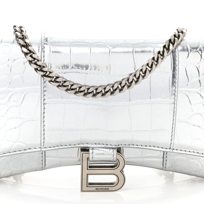 Balenciaga Metallic Calfskin Crocodile Embossed Hourglass Chain Bag Silver 7 of 9