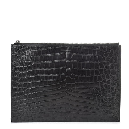 Saint Laurent Calfskin Crocodile Embossed Sac De Jour Carryall Pouch Black 1 of 7