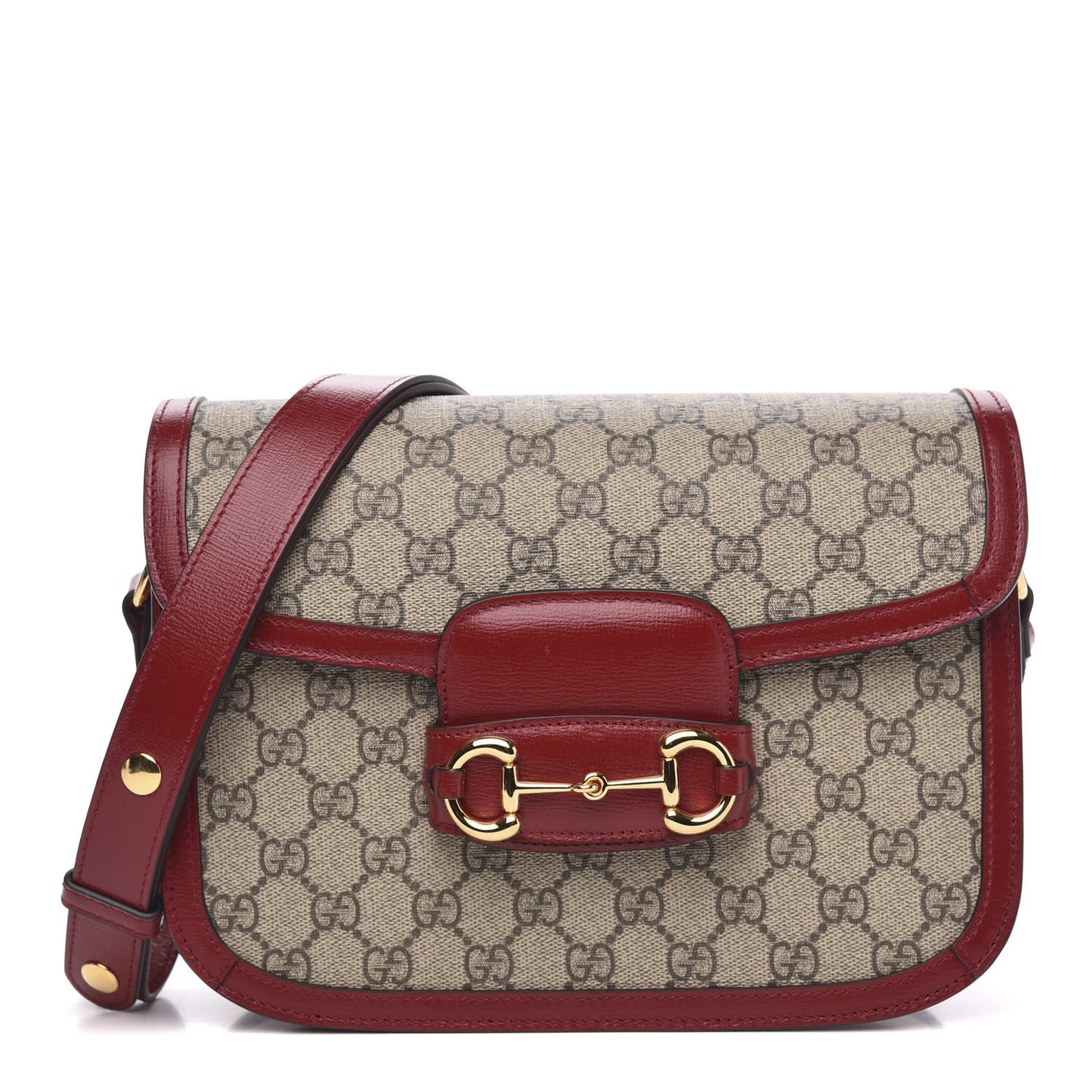 GG Supreme Monogram Azalea Calfskin Horsebit 1955 Shoulder Bag Beige Ebony New Cherry Red