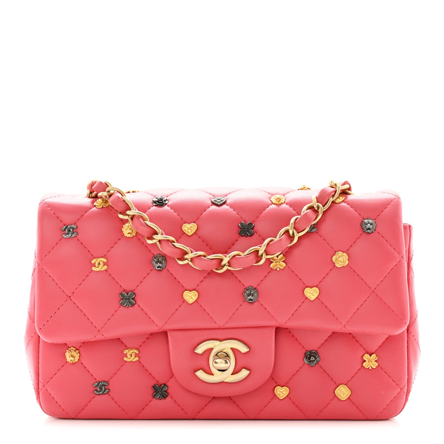 Lambskin Quilted Studded Mini Rectangular Flap Pink