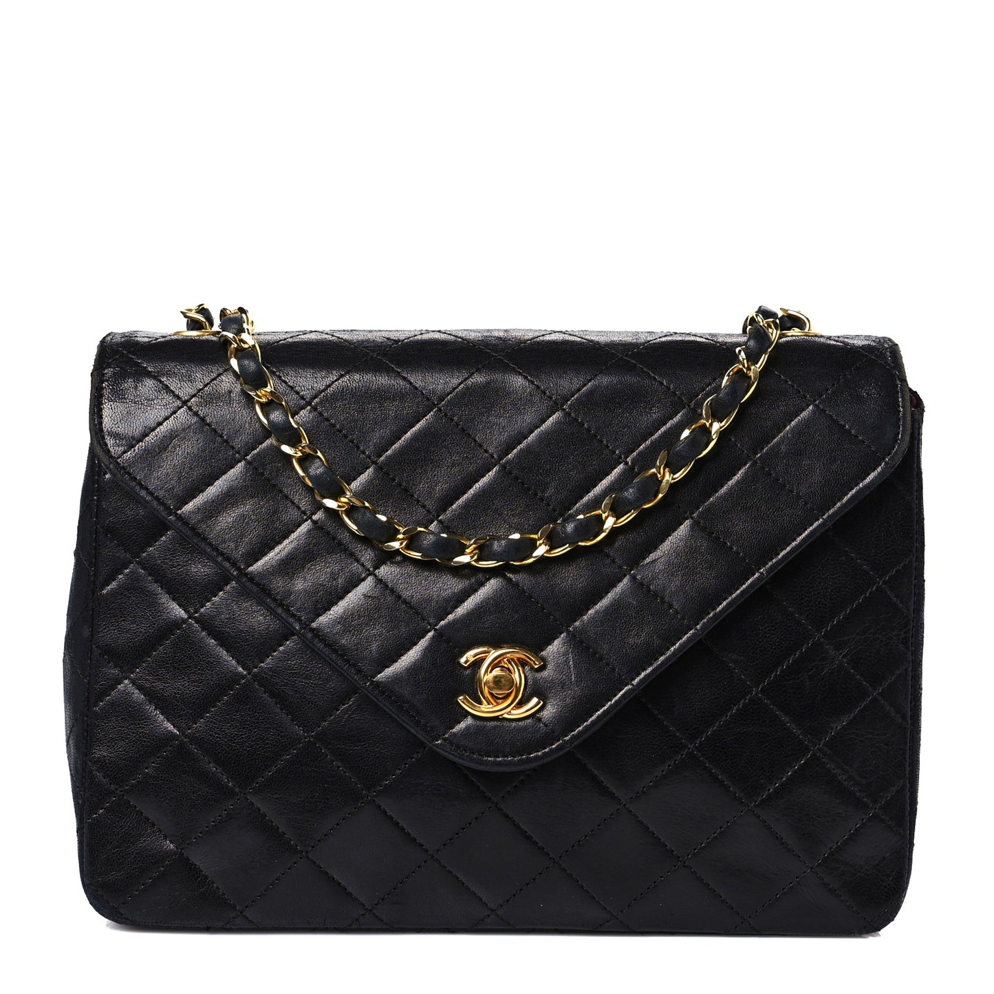 Lambskin Diamond Stitch Envelope Single Flap Black