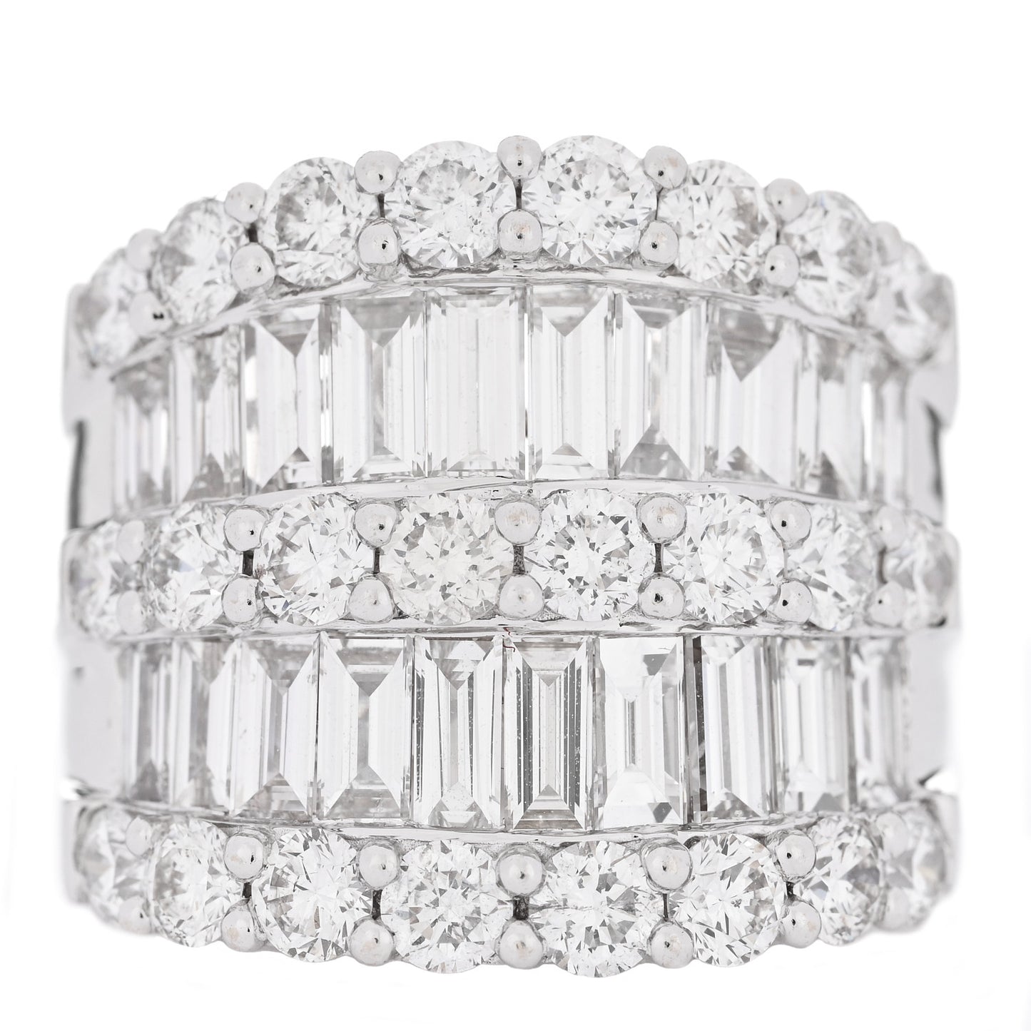 18K White Gold Diamond 4.12ctw Round Baguette Cut Five Row Band Ring 53 6.5