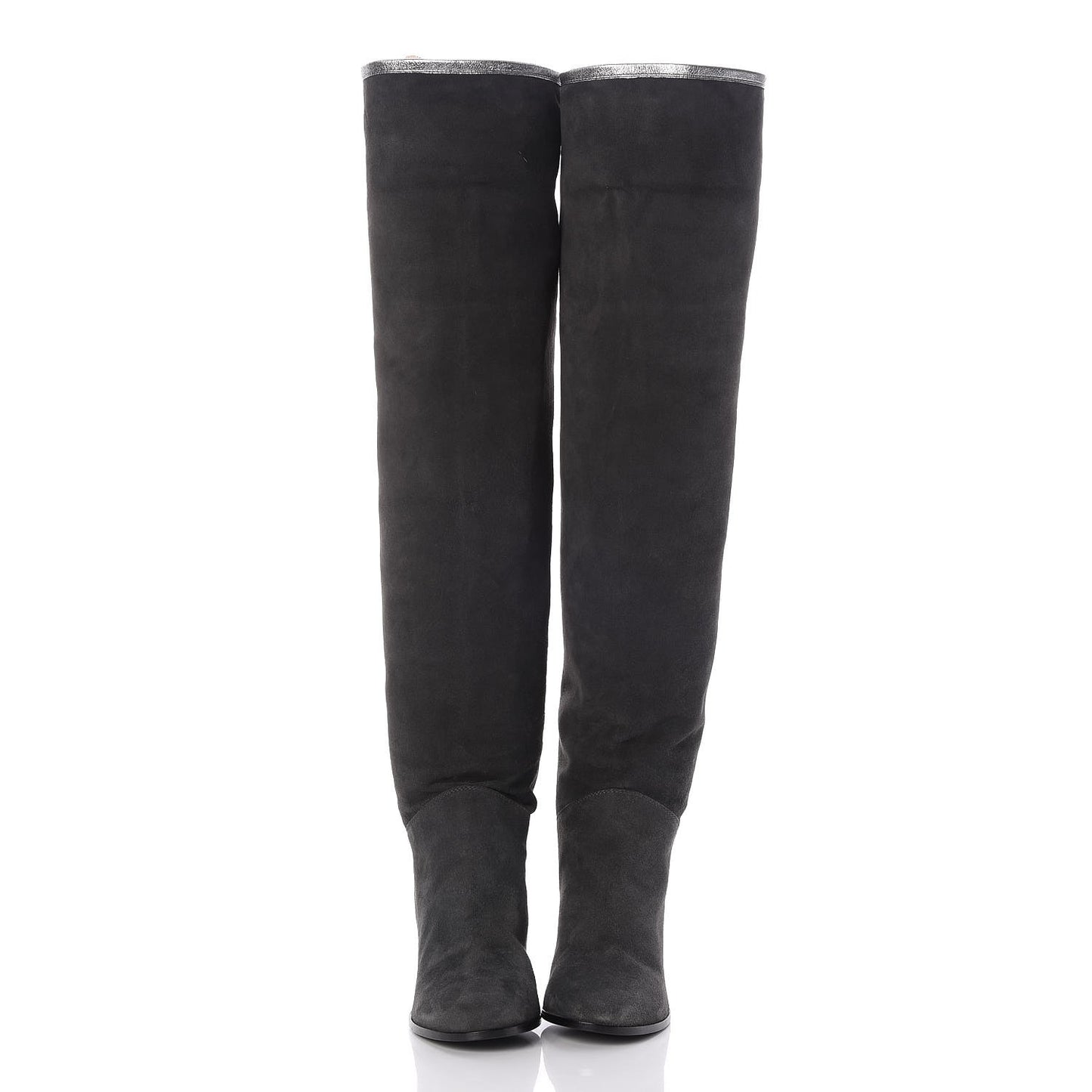 Suede Calfskin CC Knee High Boots 40.5 Grey Silver