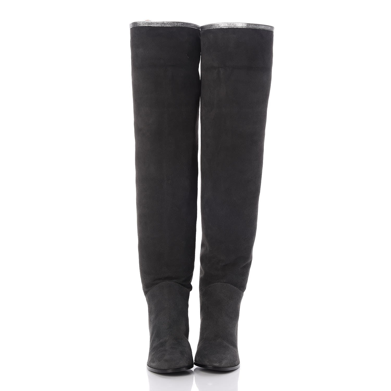 Chanel Suede Calfskin CC Knee High Boots 40.5 Grey Silver 2 of 7