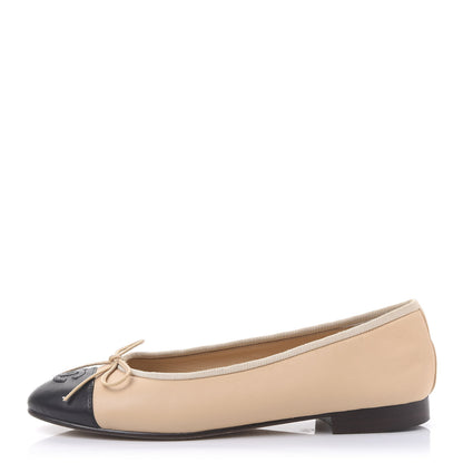 Chanel Lambskin Cap Toe CC Ballerina Flats 36 Beige Black 1 of 8