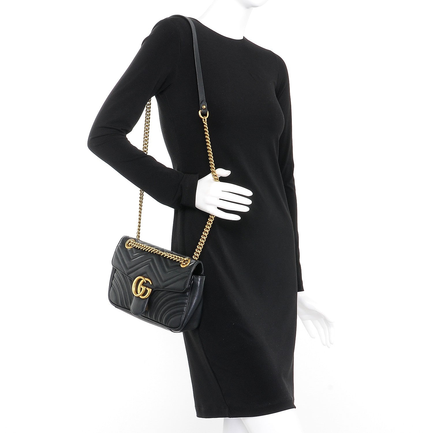 Gucci Calfskin Matelasse Small GG Marmont Shoulder Bag Black 2 of 7