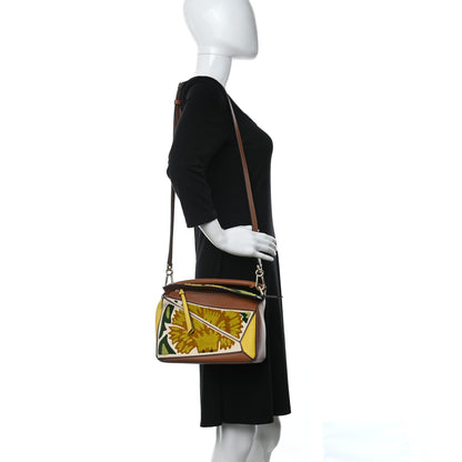 Loewe Calfskin Embroidered Floral Small Puzzle Bag Tan Yellow 2 of 11