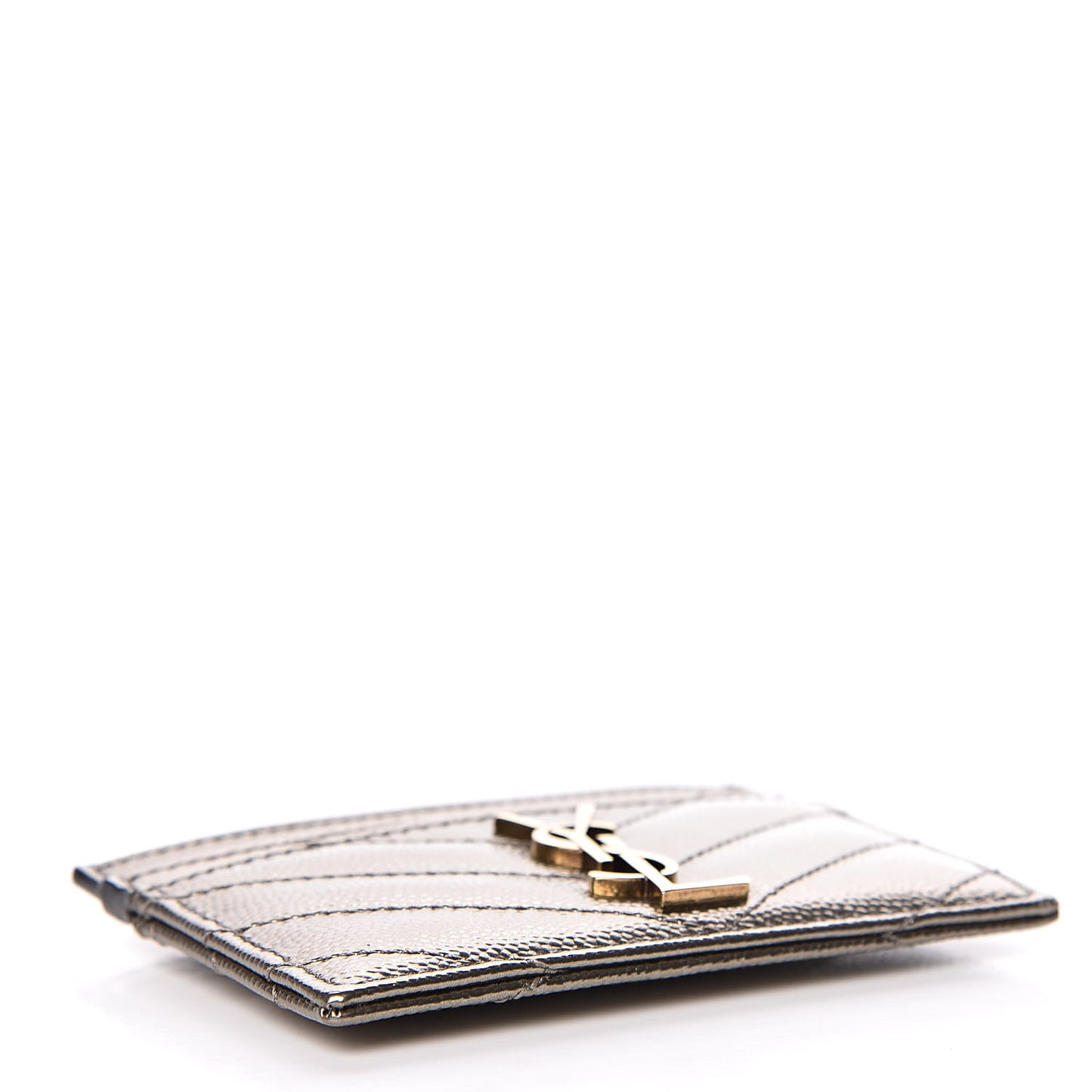 Metallic Grain De Poudre Matelasse Chevron Monogram Credit Card Case Pewter