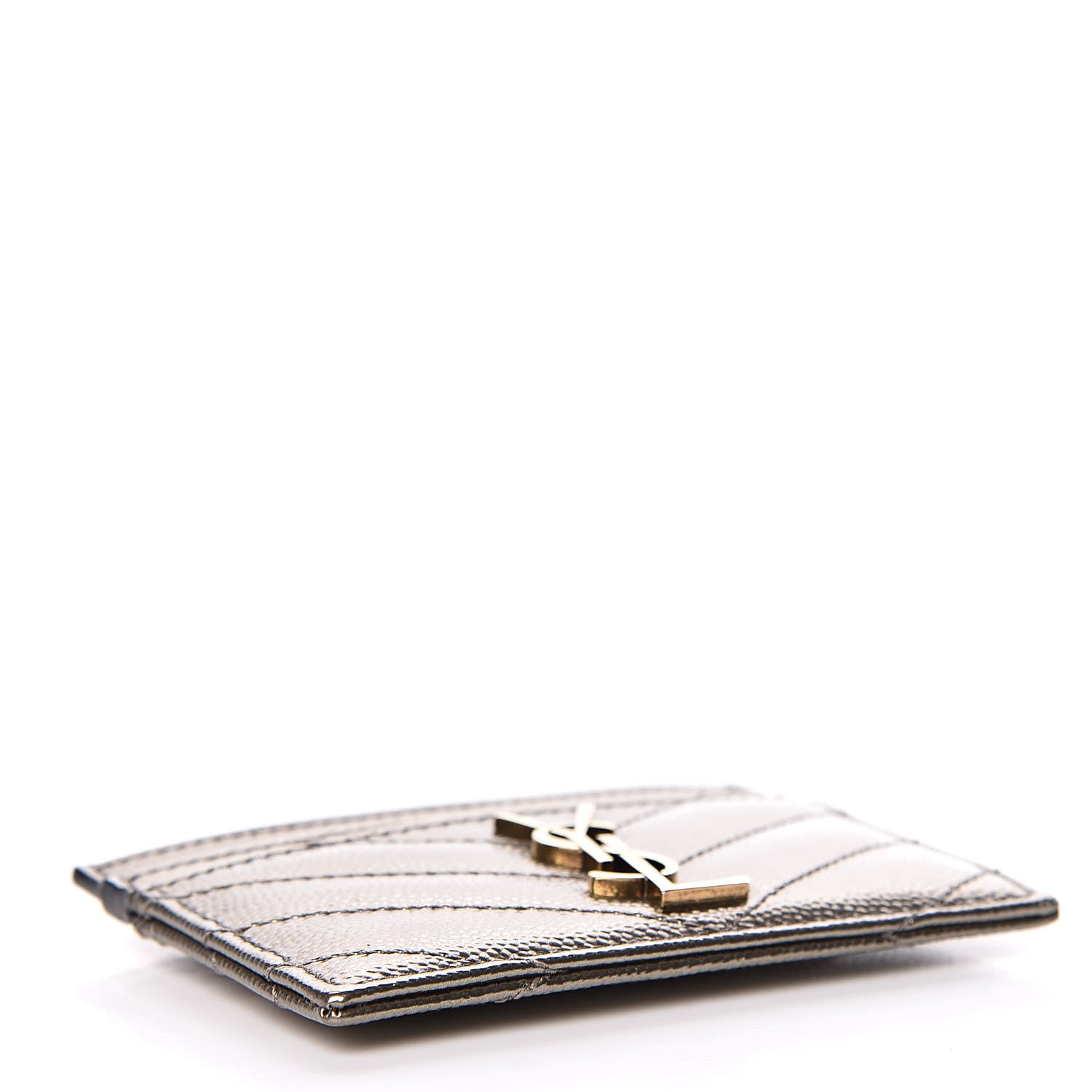 Saint Laurent Metallic Grain De Poudre Matelasse Chevron Monogram Credit Card Case Pewter 4 of 8