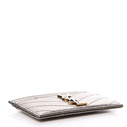 Saint Laurent Metallic Grain De Poudre Matelasse Chevron Monogram Credit Card Case Pewter 4 of 8
