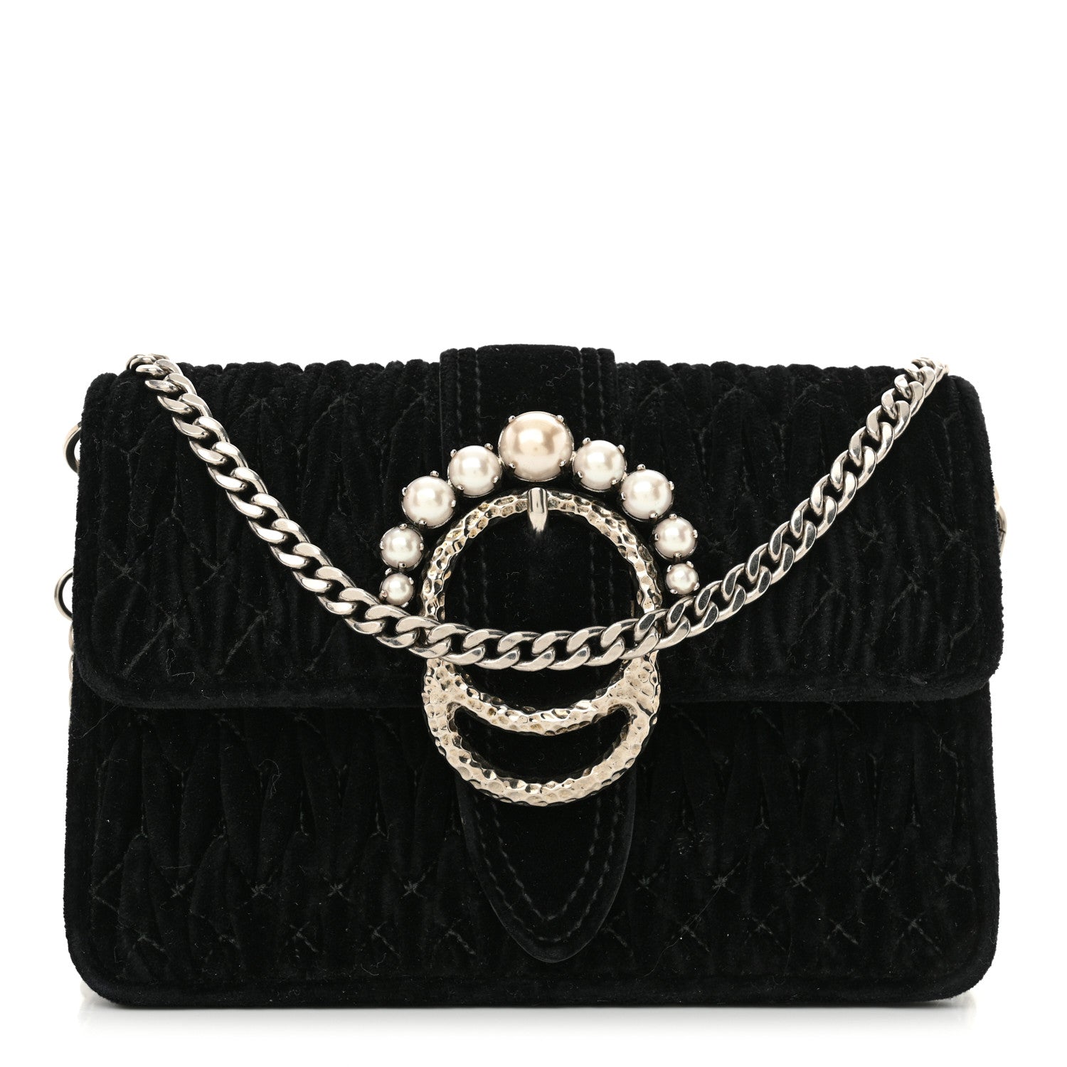 Miu Miu Velvet Matelasse Pearl Embellished Chain Black 1 of 13