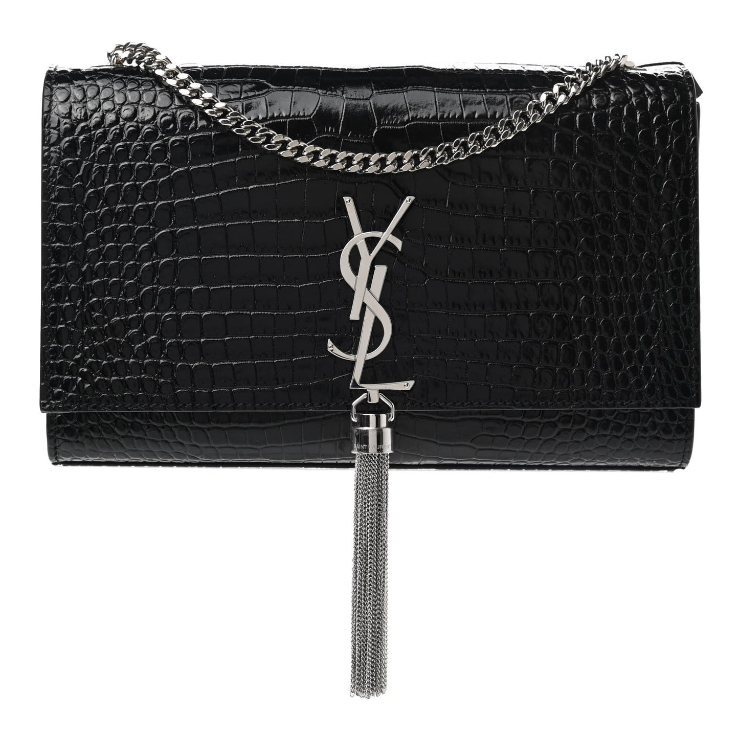Calfskin Crocodile Embossed Medium Classic Monogram Kate Tassel Satchel Black