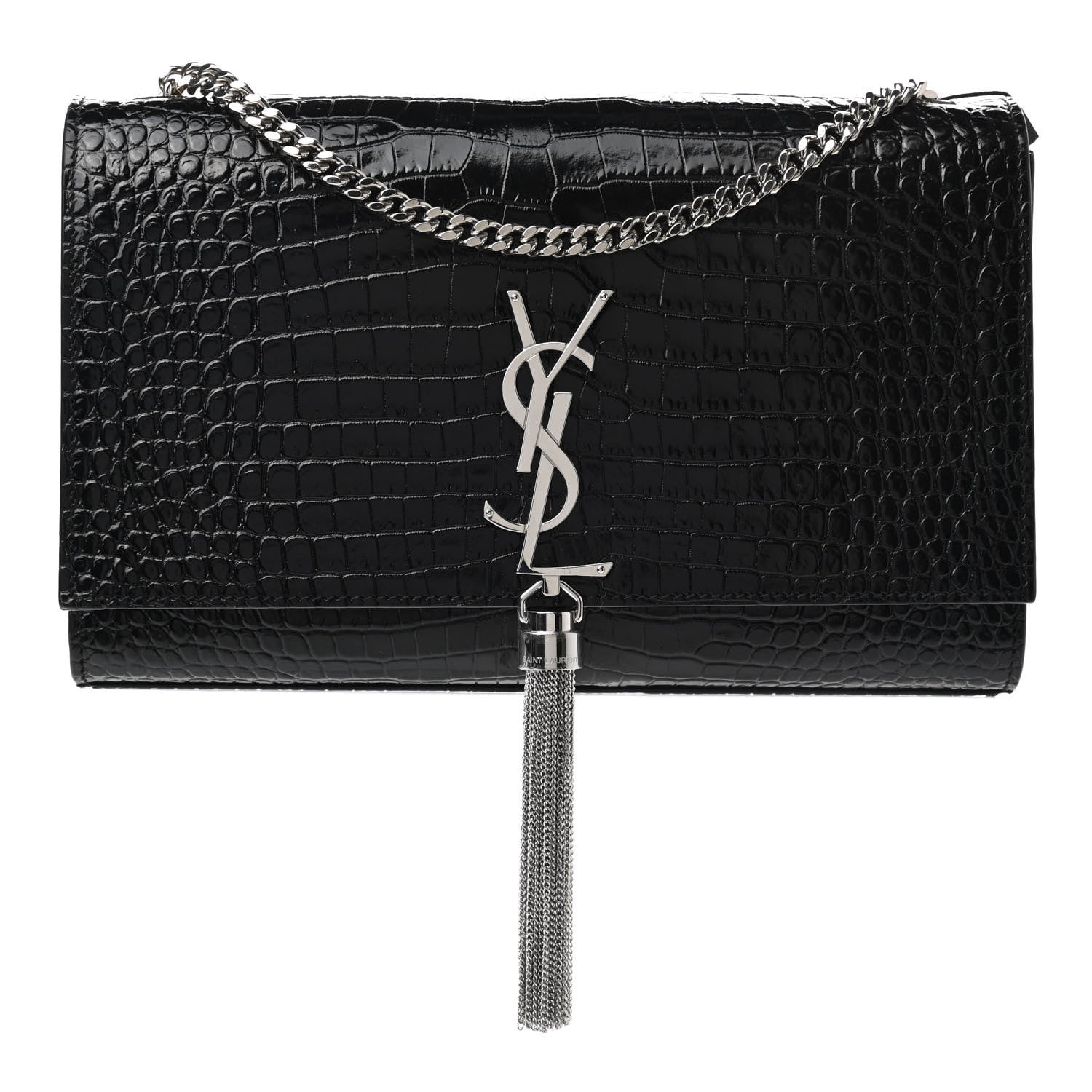 Saint Laurent Calfskin Crocodile Embossed Medium Classic Monogram Kate Tassel Satchel Black 1 of 11