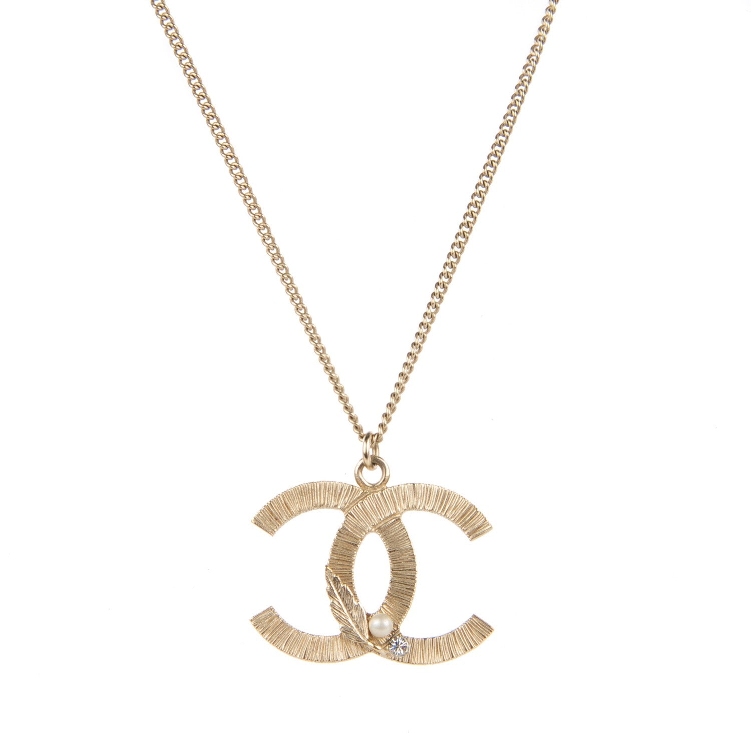 Chanel Pearl Crystal Leaf CC Necklace Gold 1 of 3
