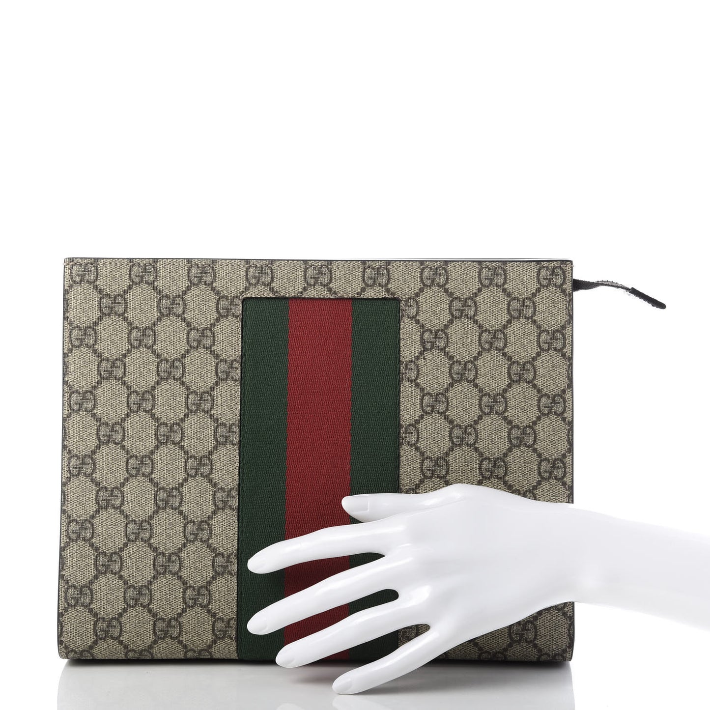 GG Supreme Monogram Selleria Calfskin Web New Web Cosmetic Case Beige Ebony Cocoa