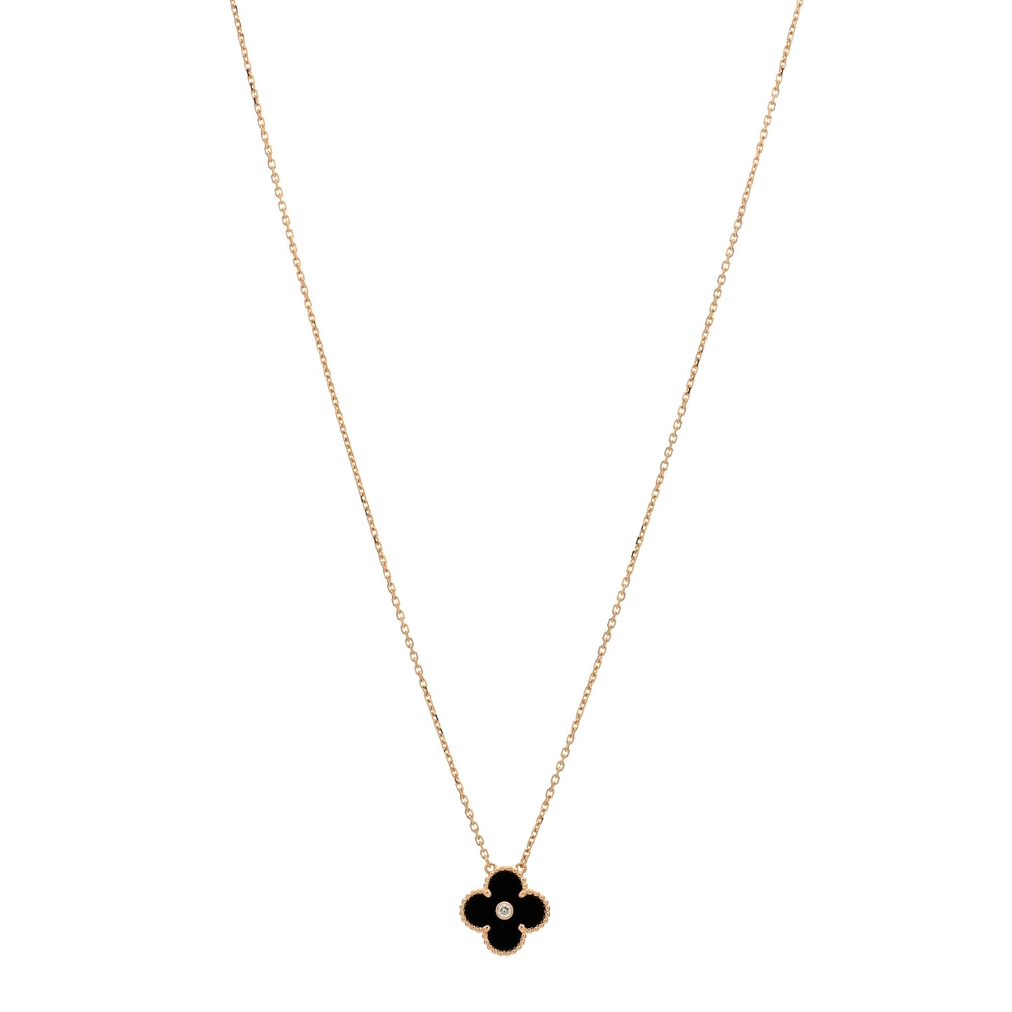 18K Rose Gold Diamond Black Onyx Vintage Alhambra Pendant Necklace