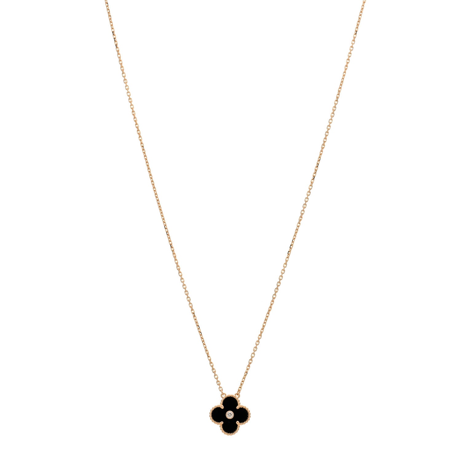 Van Cleef & Arpels 18K Rose Gold Diamond Black Onyx Vintage Alhambra Pendant Necklace 1 of 3