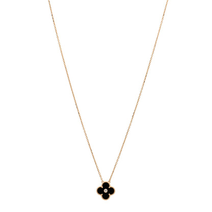 Van Cleef & Arpels 18K Rose Gold Diamond Black Onyx Vintage Alhambra Pendant Necklace 1 of 3