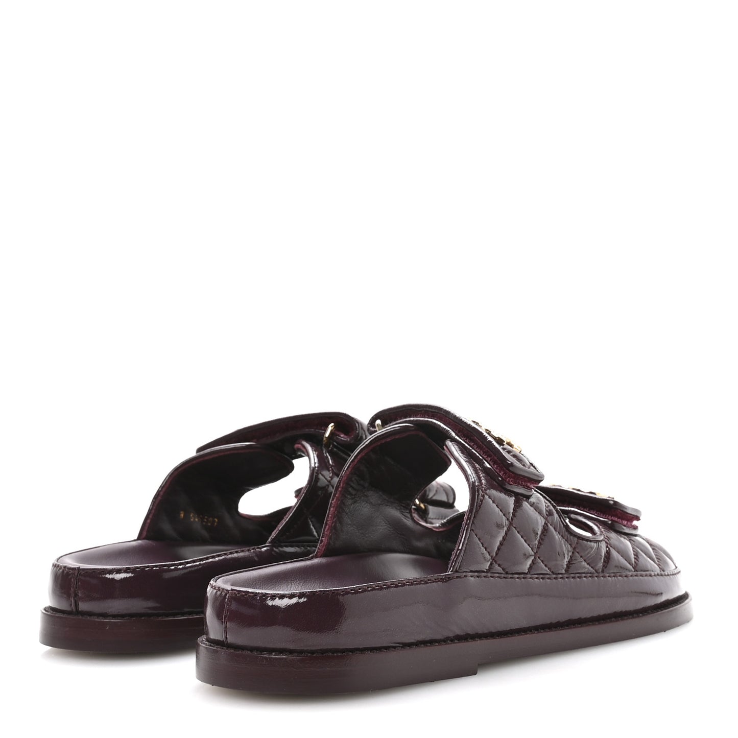 Shiny Calfskin Quilted Velcro Dad Pearl CC Slide Sandals  40 Burgundy