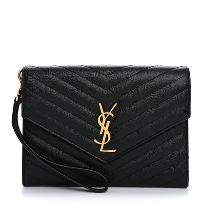Saint Laurent Grain De Poudre Matelasse Chevron Monogram Envelope Clutch Black 1 of 11