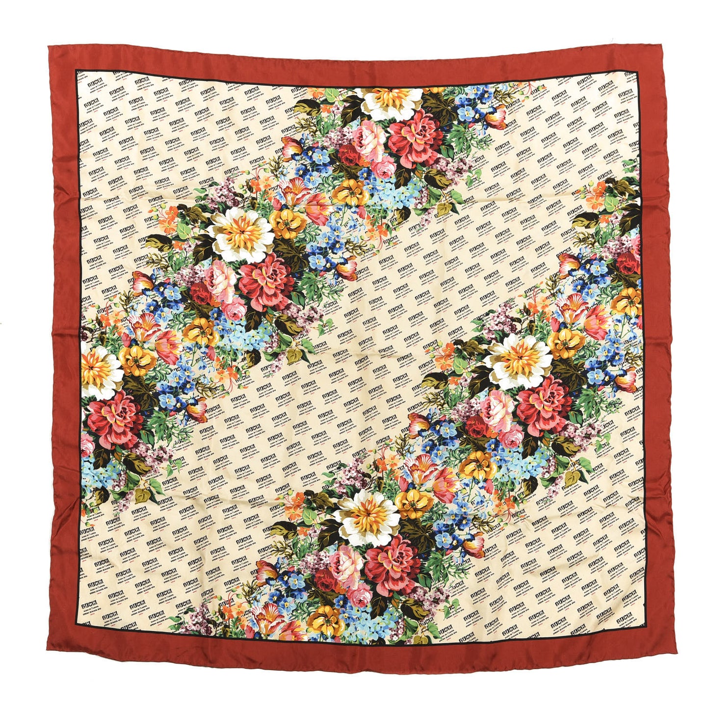 Silk Stamp Flowers Square Scarf Ivory