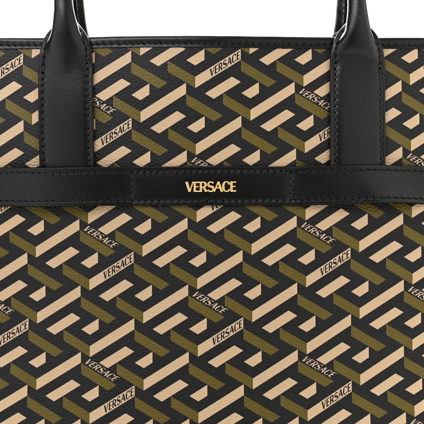 Coated Canvas Calfskin La Greca Signature Tote Bag Black Khaki