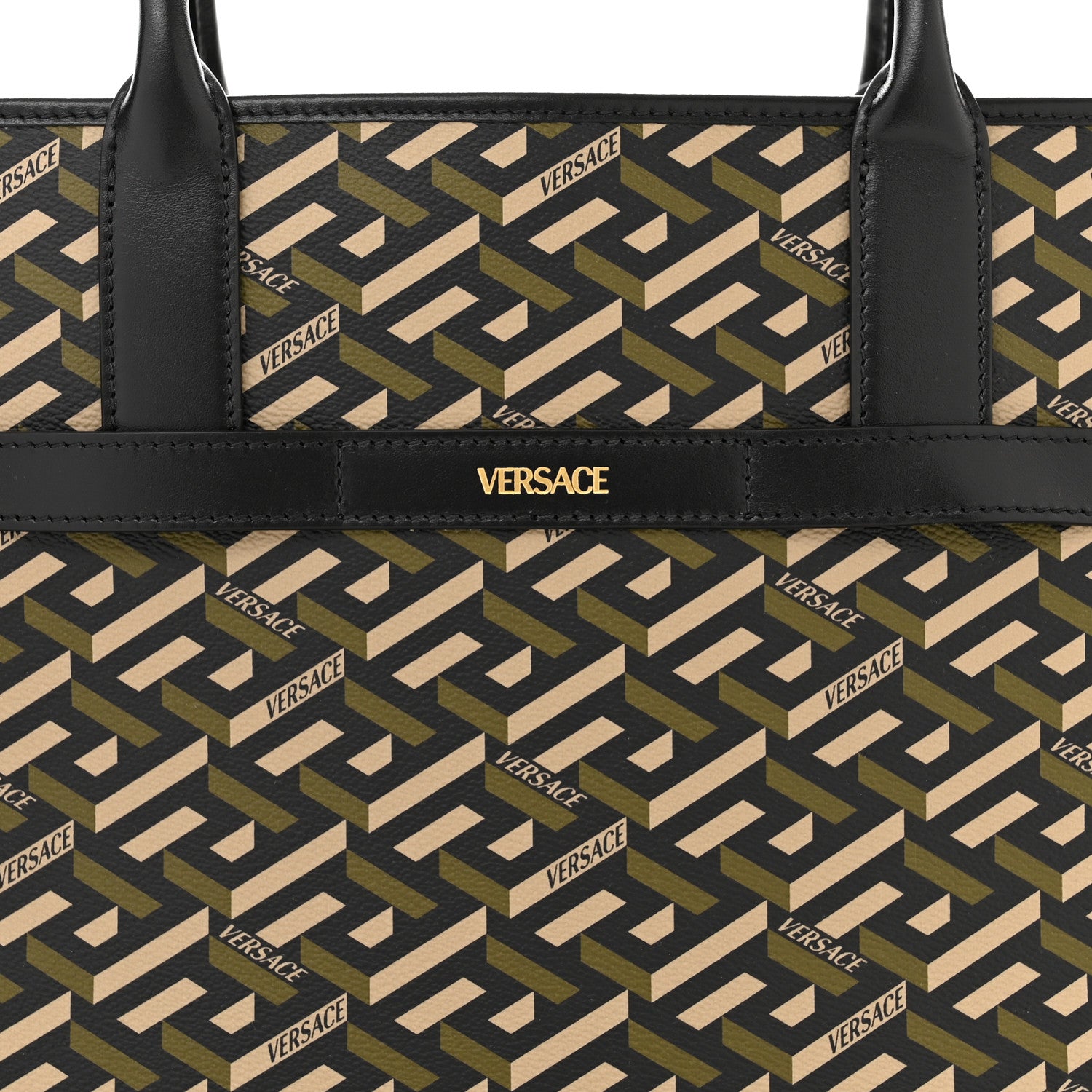 Versace Coated Canvas Calfskin La Greca Signature Tote Bag Black Khaki 7 of 9