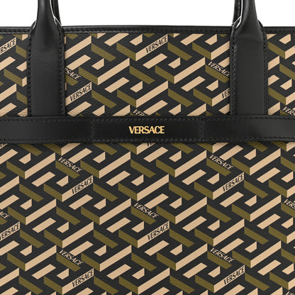 Versace Coated Canvas Calfskin La Greca Signature Tote Bag Black Khaki 7 of 9