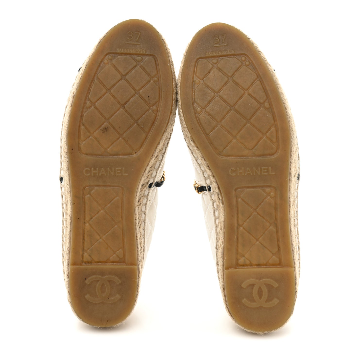 Lambskin Grosgrain Quilted CC Chain Espadrilles 37 White Black