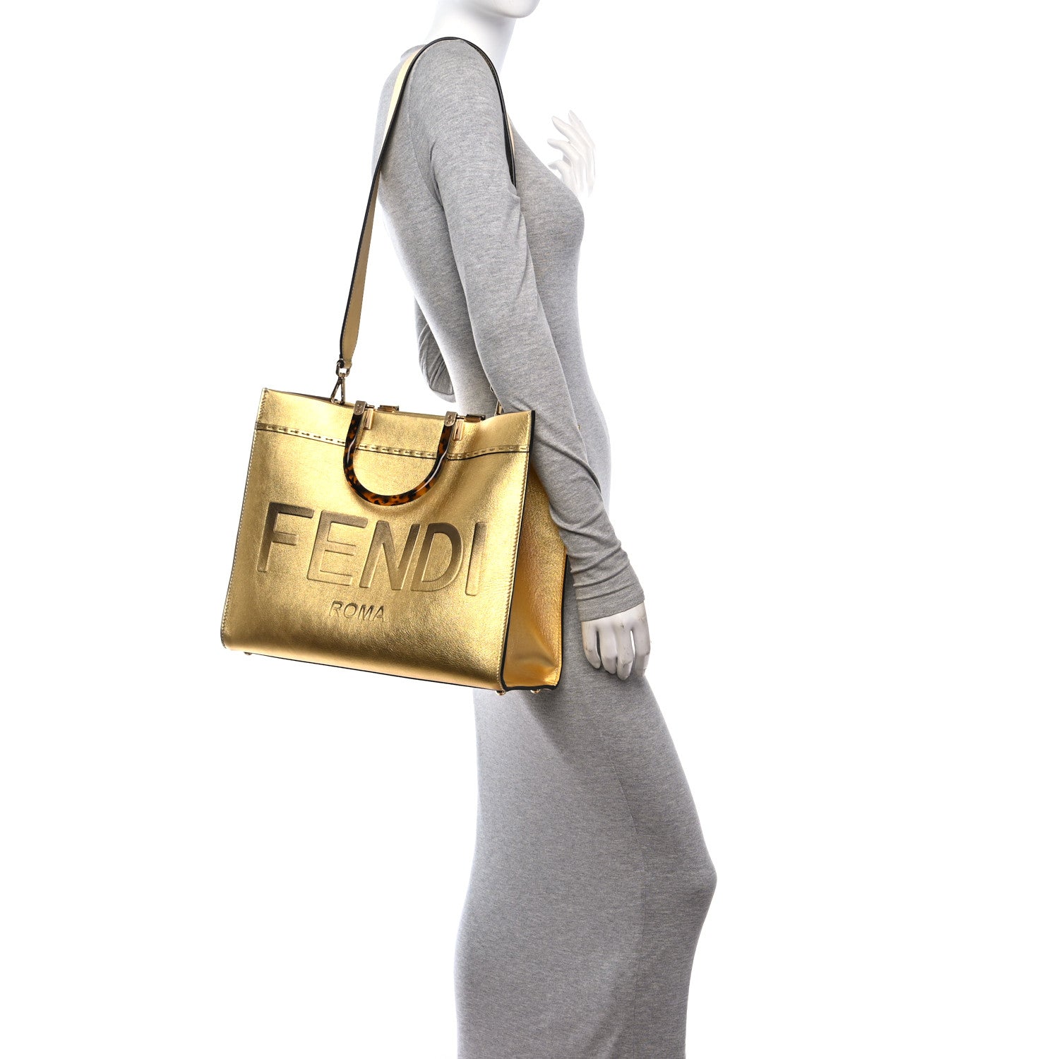 Fendi Vitello Catalan Mirror Plexiglass Logo Embossed Medium Fendi Sunshine Shopper Tote Gold 2 of 12
