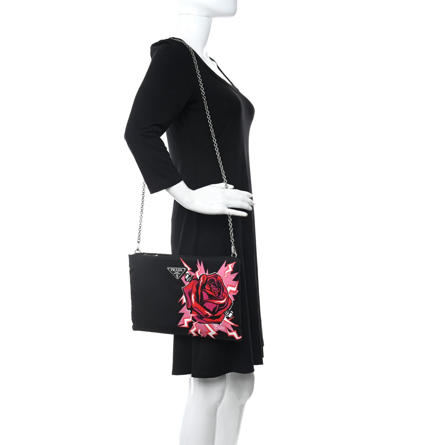 Prada X UNIVERSAL STUDIOS Tessuto Nylon Soft Padded Frankenstein Rose Medium Chain Clutch Bag Lacca 2 of 11
