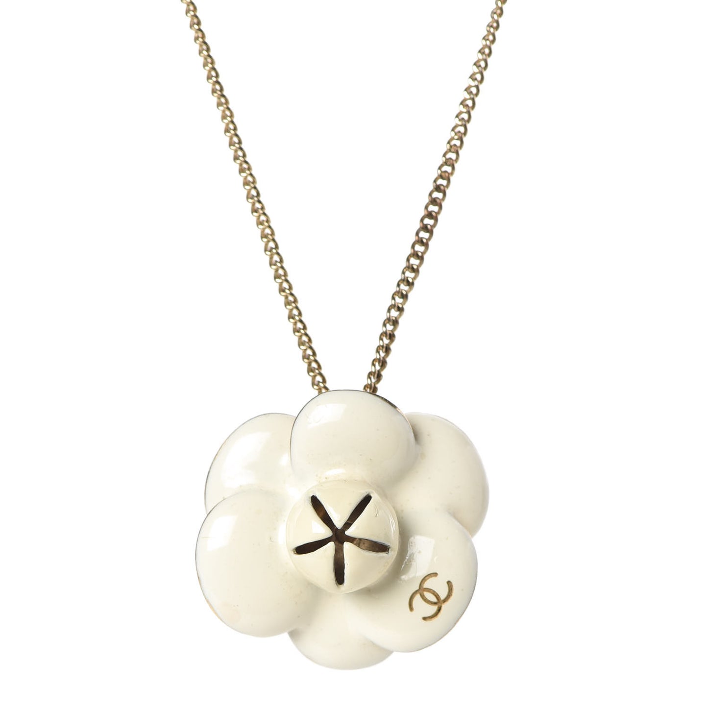 Enamel CC Camellia Pendant Necklace Gold White
