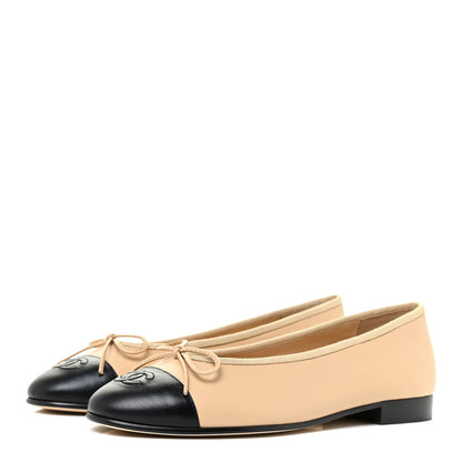 Chanel Lambskin Cap Toe CC Ballerina Flats 38 Beige Black 3 of 8