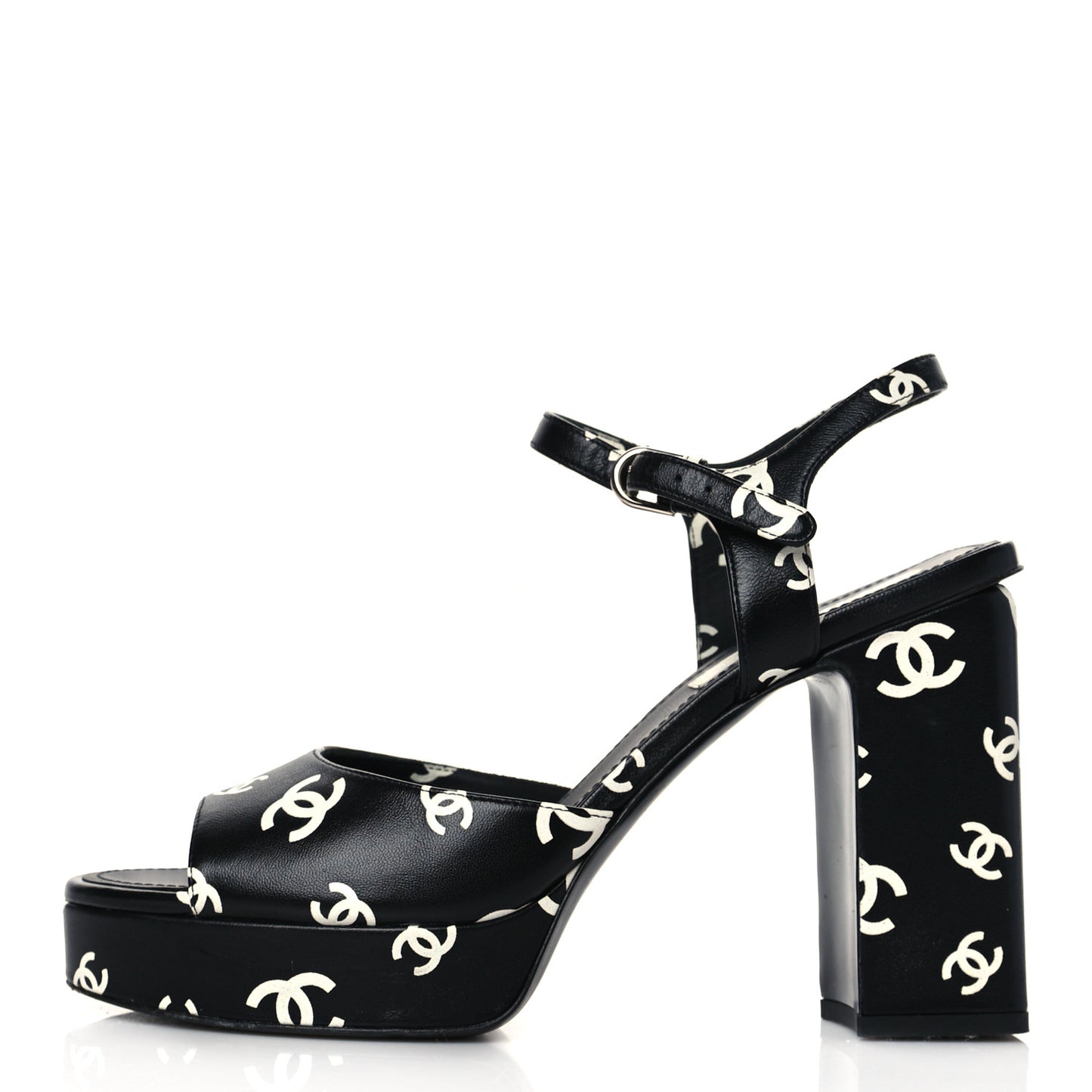 Printed Lambskin CC Platform Sandals 41 Black White