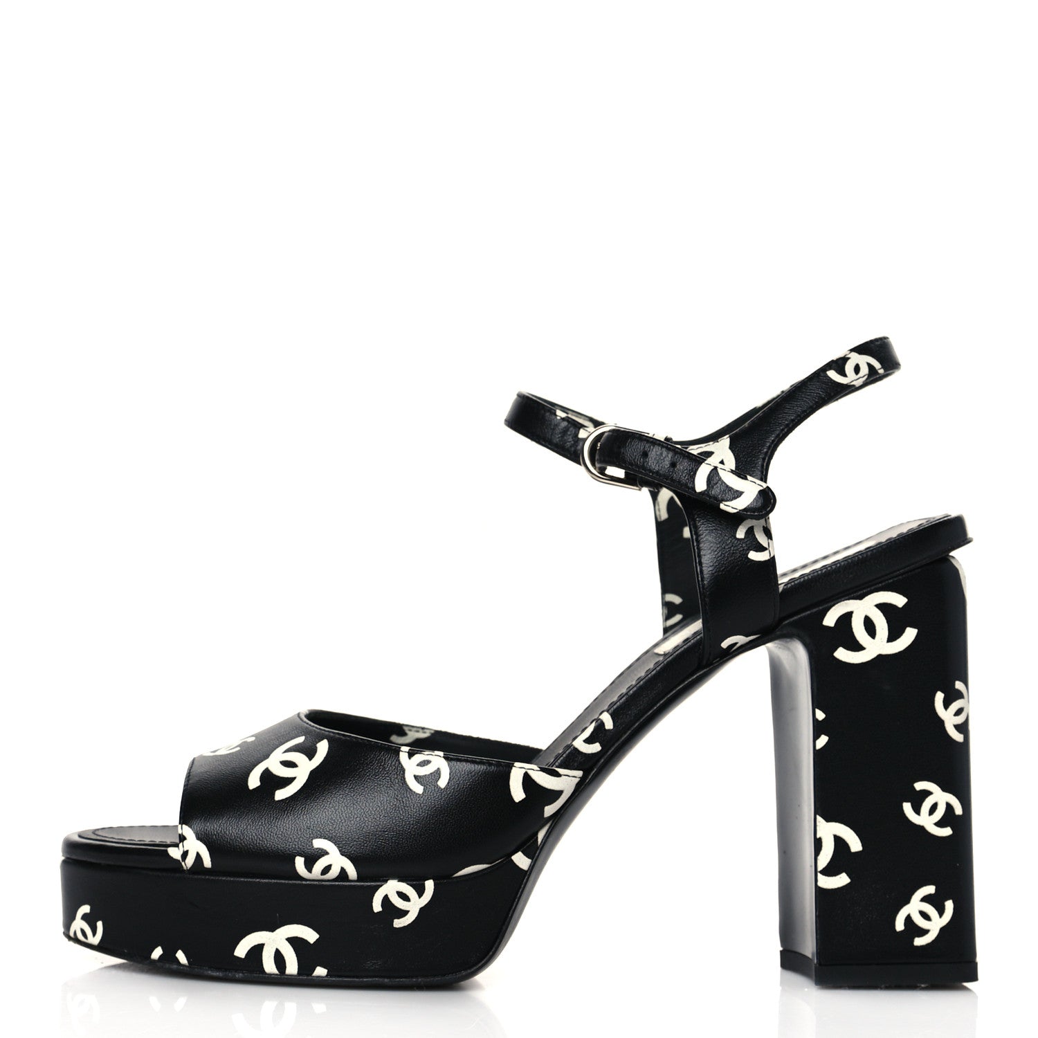 Chanel Printed Lambskin CC Platform Sandals 41 Black White 1 of 16