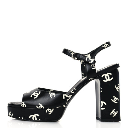 Chanel Printed Lambskin CC Platform Sandals 41 Black White 1 of 16
