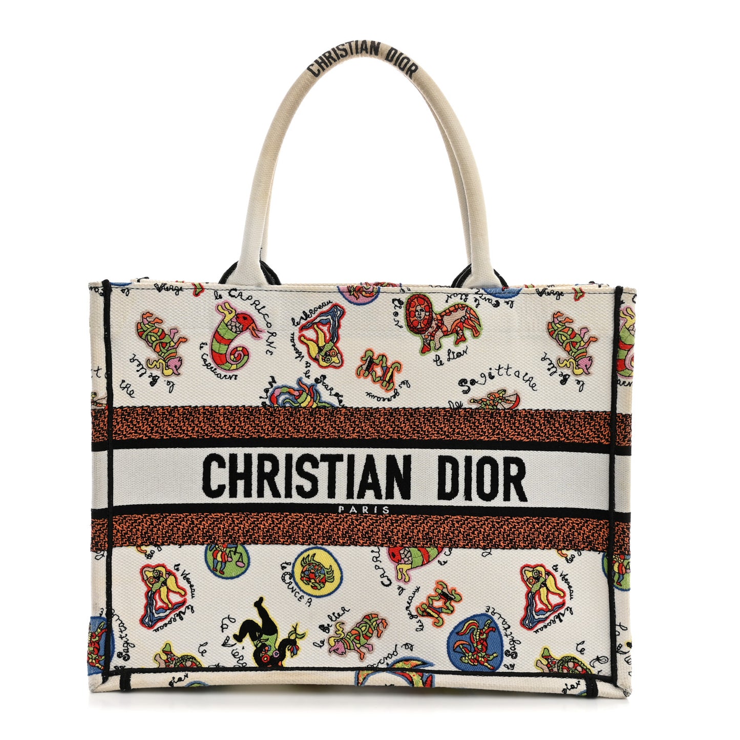 Canvas Embroidered Dragon Zodiac Medium Book Tote White Multicolor