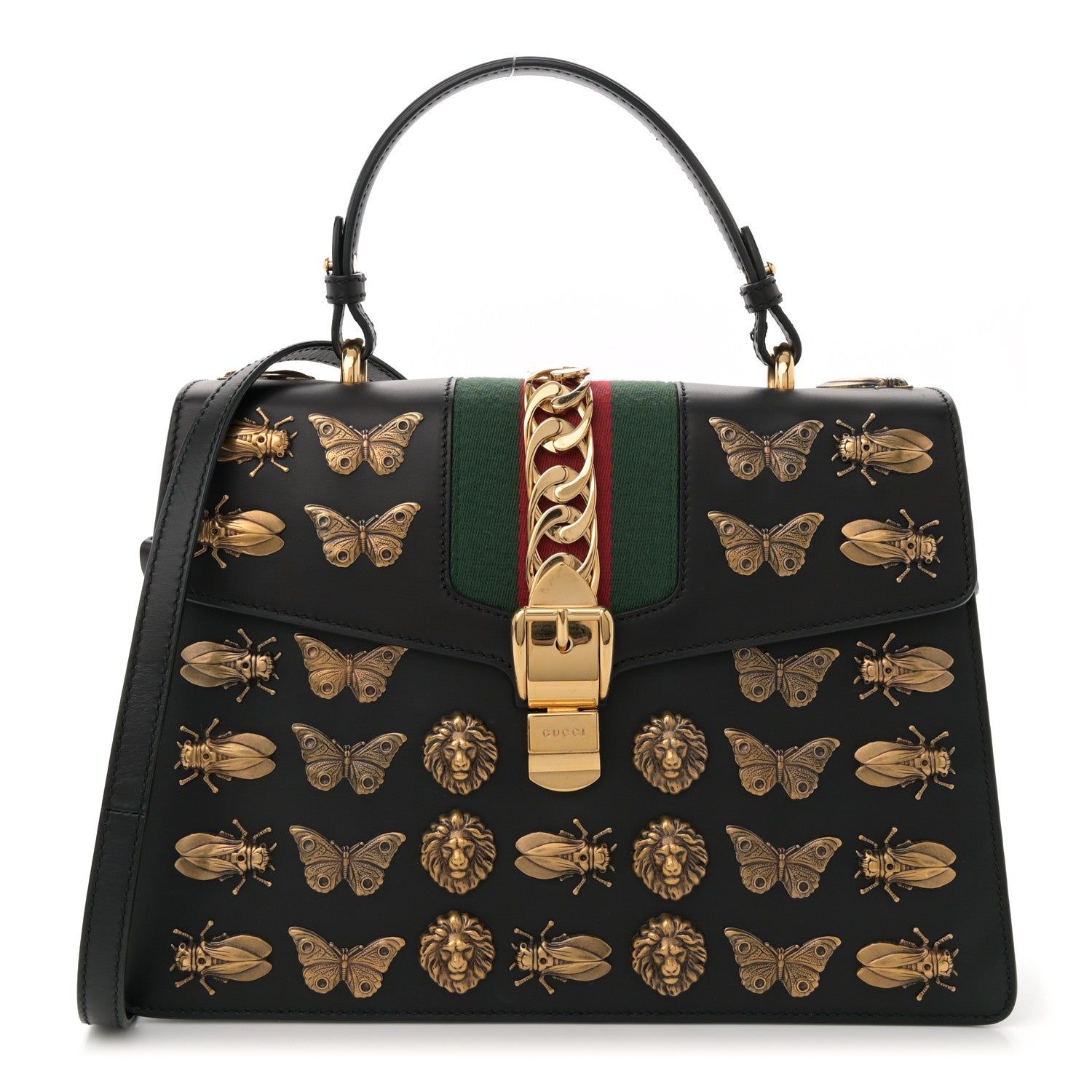 Gucci Calfskin Animal Studs Medium Sylvie Top Handle Bag Black 1 of 11