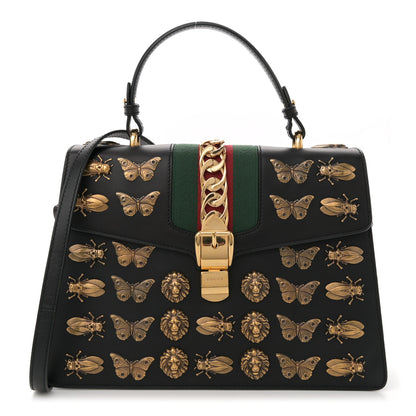 Gucci Calfskin Animal Studs Medium Sylvie Top Handle Bag Black 1 of 11