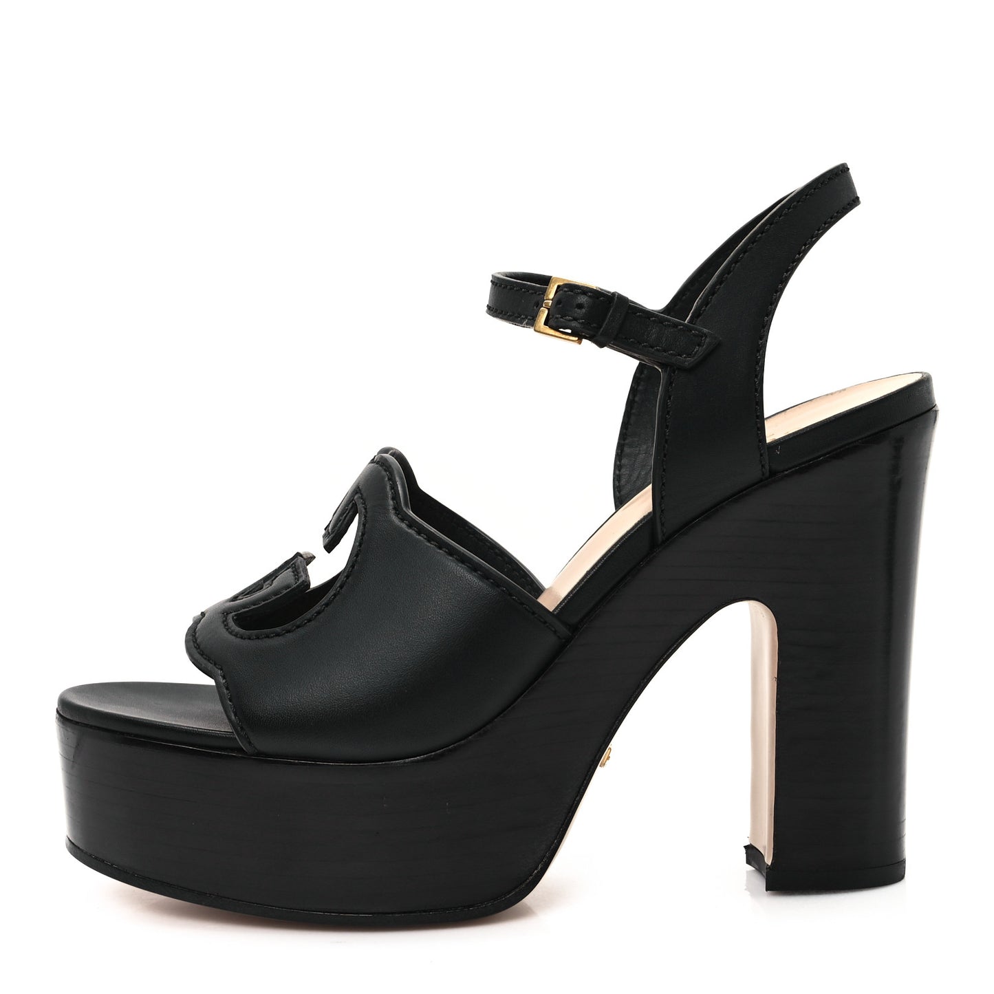 Cosmos Softy Calfskin Wooden Interlocking G Cut-Out 30/120mm Platform Sandals 38.5 Black
